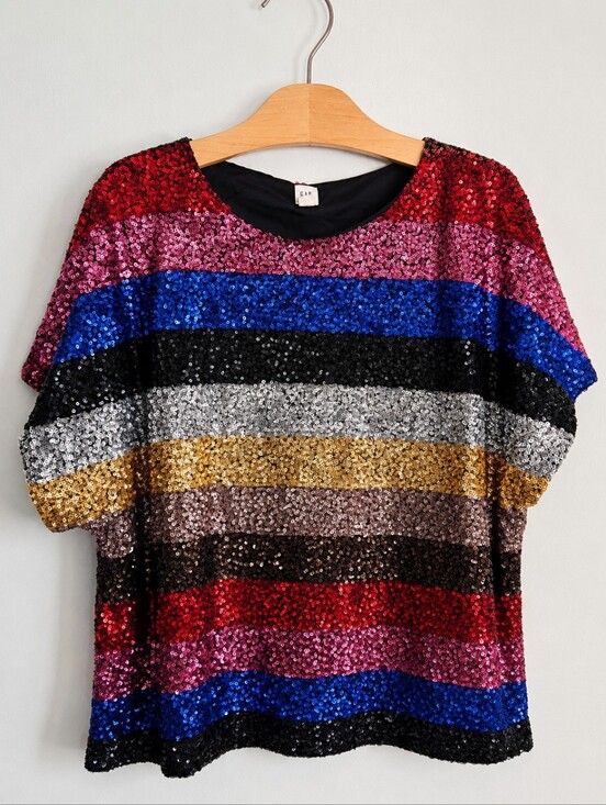 GAP Tops - GAP Multicolor Striped Sequin Top Blouse Women's S/M Oversized Short Sleeve